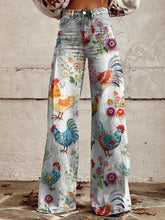 Load image into Gallery viewer, Women&#39;s Embroidery Style Farm Animals, Chickens Print Casual Wide Leg Pants