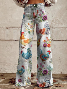 Women's Embroidery Style Farm Animals, Chickens Print Casual Wide Leg Pants