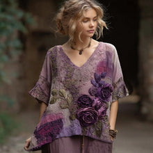 Load image into Gallery viewer, Vintage Bohemian Embroidered Floral Patchwork Linen T-shirt