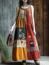 Load image into Gallery viewer, Boho Floral &amp; Cat Patchwork Linen Vest Long Dress af40