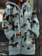 Load image into Gallery viewer, Western Wild Horses Pattern Cozy Knit Hooded Cardigan