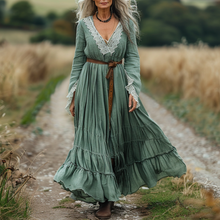 Load image into Gallery viewer, Women's Vintage Pastoral Style V-neck Linen Long-sleeve Maxi Long Dress
