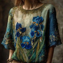 Load image into Gallery viewer, Vintage Irises Embroidered Gradient Flowy Linen Tunic