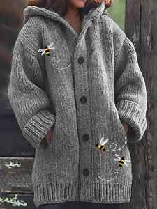 Flying Bees Embroidery Cozy Knit Hooded Cardigan