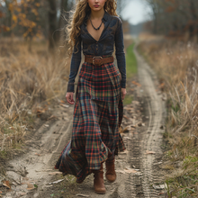 Load image into Gallery viewer, Women's Retro V-neck Plaid Long-sleeve Bohemian Pastoral Style Maxi Long Dress