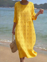 Load image into Gallery viewer, Women's Casual  Round Neck Mid Sleeve Print Cotton and Linen Dress