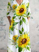 Load image into Gallery viewer, Women&#39;s V-Neck Art Sunflower Floral Pattern Dress With Pockets