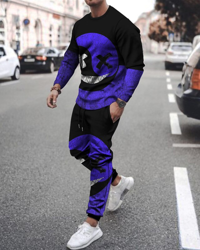Men's casual Halloween color matching print long-sleeved sports set 043