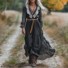 Load image into Gallery viewer, Women's Vintage V-neck Linen Long-sleeve Maxi Long Dress