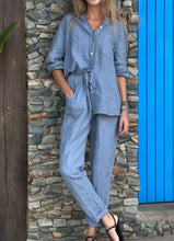 Load image into Gallery viewer, Casual Solid Color V-Neck Shirt &amp; Pants Cotton Linen Two-Piece Set