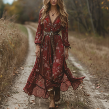 Load image into Gallery viewer, Women's Vintage V-neck Floral Bohemian Pastoral Style Long-sleeved Maxi Long Dress