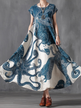 Load image into Gallery viewer, Japanese Art Style Whale And Ocean Print Vacation Style Cotton And Linen Mid-length Dress