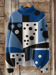 Blue Mid Century Geometric Print Knit Turtleneck Pullover Sweater