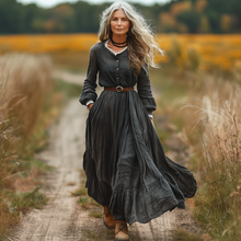Load image into Gallery viewer, Women's Vintage V-neck Linen Long-sleeve Maxi Long Dress