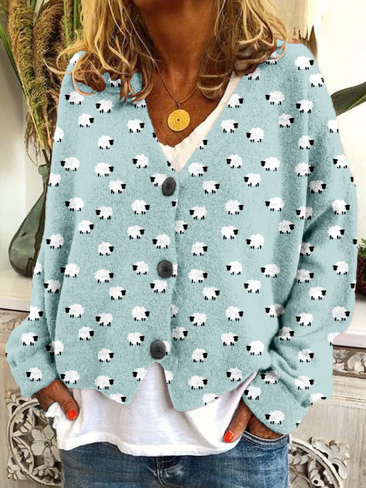 Cute Cartoon Sheep Pattern Cozy Knit Cardigan