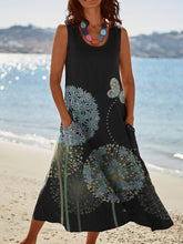 Load image into Gallery viewer, Butterfly Dandelion Print Womens Pocket Pinafore Linen Dress