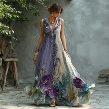 Load image into Gallery viewer, Retro Gradient Purple Floral Embroidery Sleeveless V-neck Dress