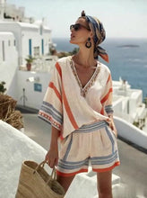 Load image into Gallery viewer, Women's Casual Vacation V-neck Striped Print Top and Shorts Two-piece Set