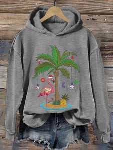 Women's Christmas Palm Tree Flamingo Embroidery Printed Casual Hoodie