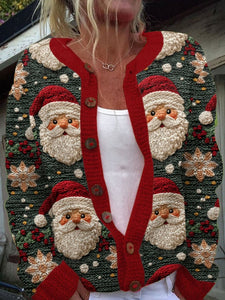 Women's Christmas Santa Print Knit Cardigan