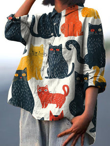 Women's Retro Colorful Cat Print Casual Cotton And Linen Shirt