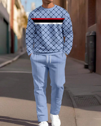 Men's Simple Colorblock Round Neck Casual Sports Set 0220