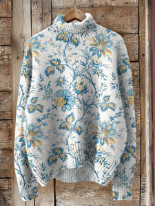 Retro Lovely Floral Art Print Knit Turtleneck Pullover Sweater