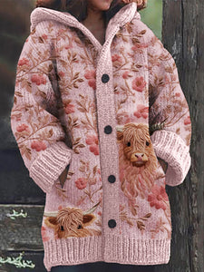 Highland Cows Floral Embroidery Pattern Cozy Hooded Cardigan