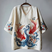 Load image into Gallery viewer, Japanese Goldfish Wave Embroidery Women's Linen V-neck Shirt