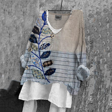 Load image into Gallery viewer, Vintage Floral Art V Neck Linen Blend Blouse