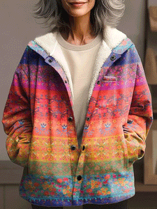 Women's Colorful Striped Flowers Print Waffle Plush Thick Long-Sleeved Hooded Coat