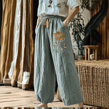 Load image into Gallery viewer, Women's Linen Bohemian Style Floral Wide-leg Trousers Pants