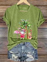 Load image into Gallery viewer, Women&#39;s Christmas Palm Tree Flamingo Print V-Neck T-Shirt