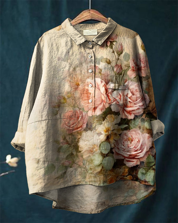 Vintage Floral Pattern Printed Women's Casual Long Sleeve Comfortable Cotton Shirt main image 1