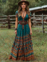 Load image into Gallery viewer, Women's Vintage Western Geometric Print V-neck Short Sleeve Maxi Dress