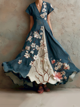 Load image into Gallery viewer, Women's Retro Japanese Sakura Artistic Linen Short Sleeve Dress