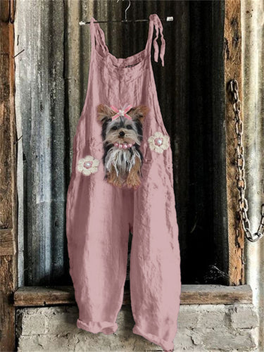 Lovely Yorkshire Dog Floral Crochet Linen Blend Jumpsuit