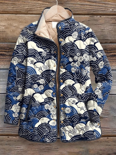 Ukiyo-e Vintage Flower Pattern Art Print Casual Quilted Jacket