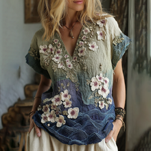 Load image into Gallery viewer, Classy Vintage Japanese Sakura Cherry Blossoms Embroidered Pattern Linen V Neck T-shirt