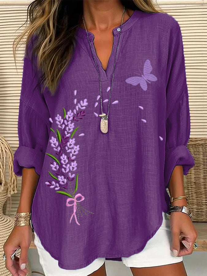 Women's Purple Flower And Butterfly Print Shirt