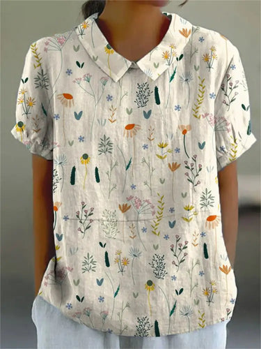 Women's Retro Floral Art Print Casual Cotton And Linen Shirt