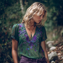 Load image into Gallery viewer, Vintage Purple Rose Embroidery Linen V Neck T-shirt