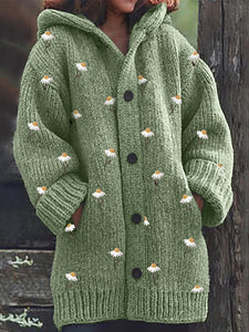 Cottage Daisy Embroidery Pattern Cozy Knit Hooded Cardigan