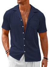 Load image into Gallery viewer, Men's Cuban Collar Pocket Solid Color Vertical Striped Pocket Short-sleeved Shirt