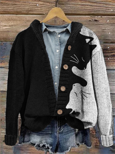 Black & White Cats Contrast Color Cozy Hooded Cardigan