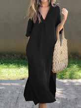 Load image into Gallery viewer, Women's Solid Color V-Neck Linen Pocket Dress