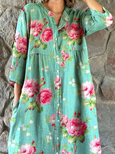 Load image into Gallery viewer, Women&#39;s Rose Floral Pattern Shirt Style Cotton and Linen Dress