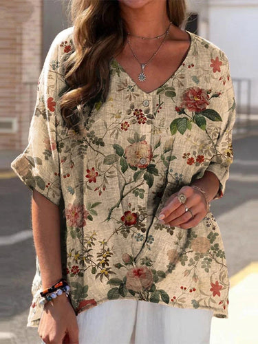 Women's Vintage Floral Art Print Casual Linen V-neck Shirt