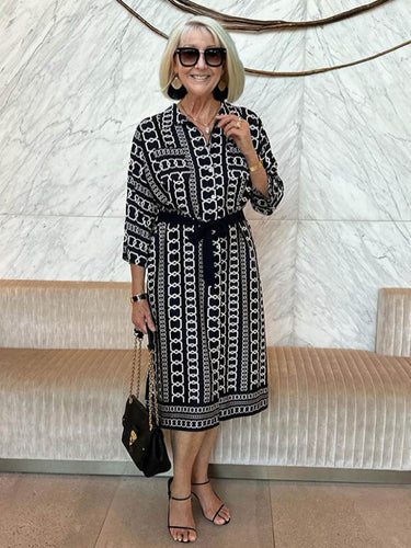 Three-quarter Length Sleeves Printed Shirt Dress