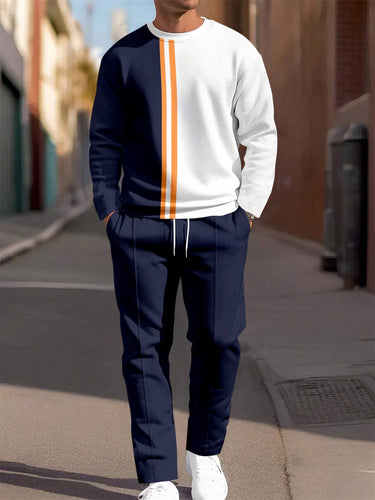 Men's Simple Color Blocking Round Neck Casual Sports Set 057